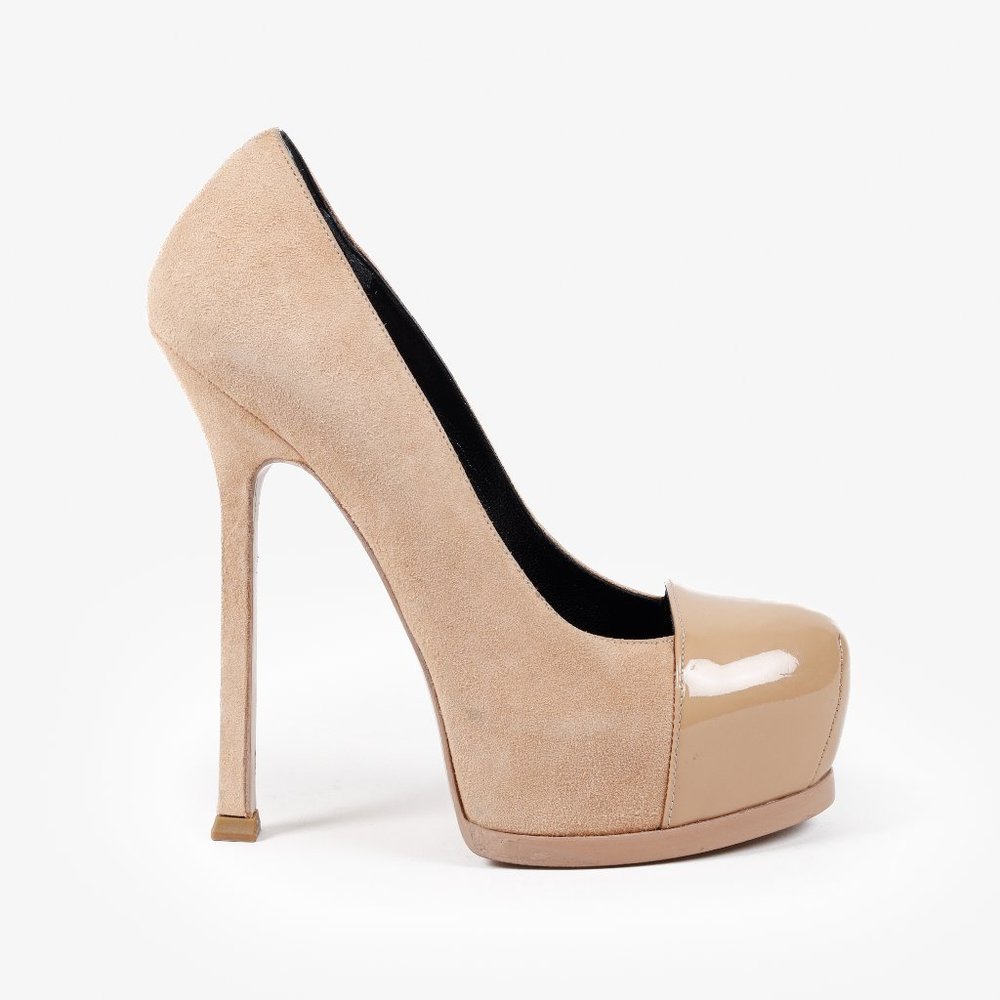 Saint Laurent Beige Suede Patent Leather Tribtoo Platform Pumps